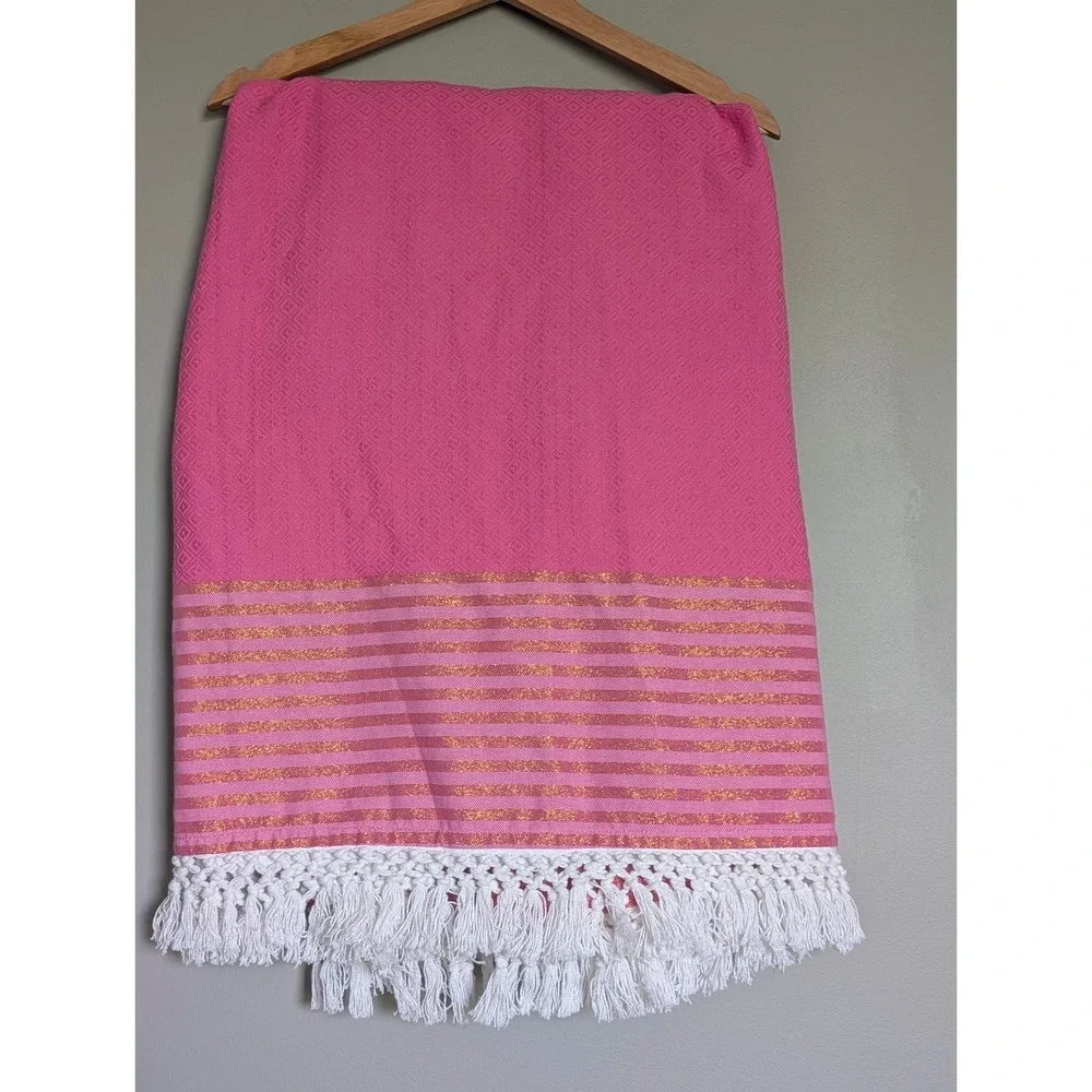 Lilly Pulitzer Pink/Gold Stripe Fringe Tablecloth 77x69 Diamond Rectangular